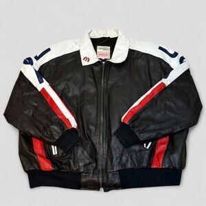 Vintage Michael Hoban Leather Bomber Jacket WhereMi USA Flag 90s Men's 4XL